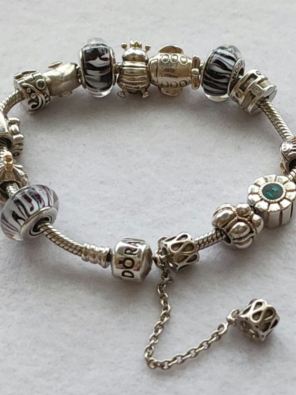 Authentic Pandora 8" Silver Charm Bracelet Rare Two-Tone 14K Gold Retired Charms